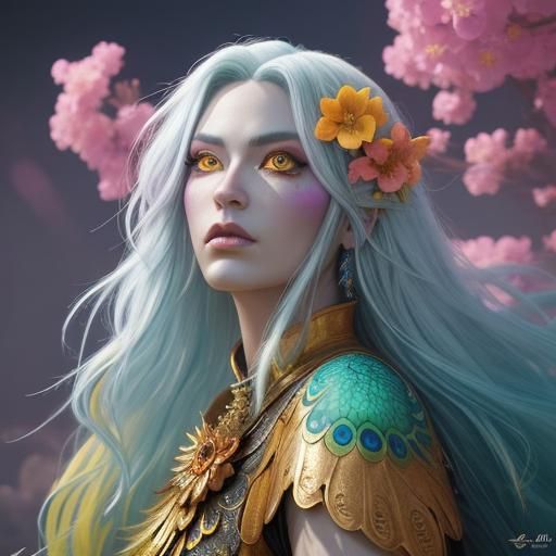 Dragon Peacock Woman with Silver Skin in Digital Art