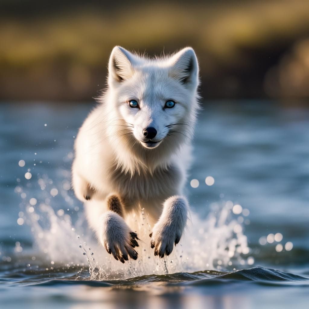 Arctic Fox Runs in Water: Wildlife Photography
