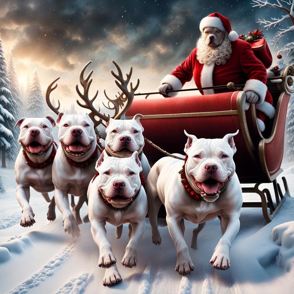 White Pitbulls Pulling Santa's Sleigh
