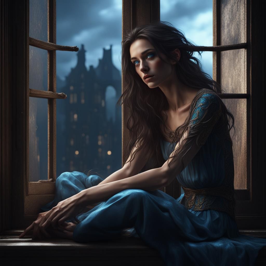 Depressed Brunette in Window: Dark Fantasy Art