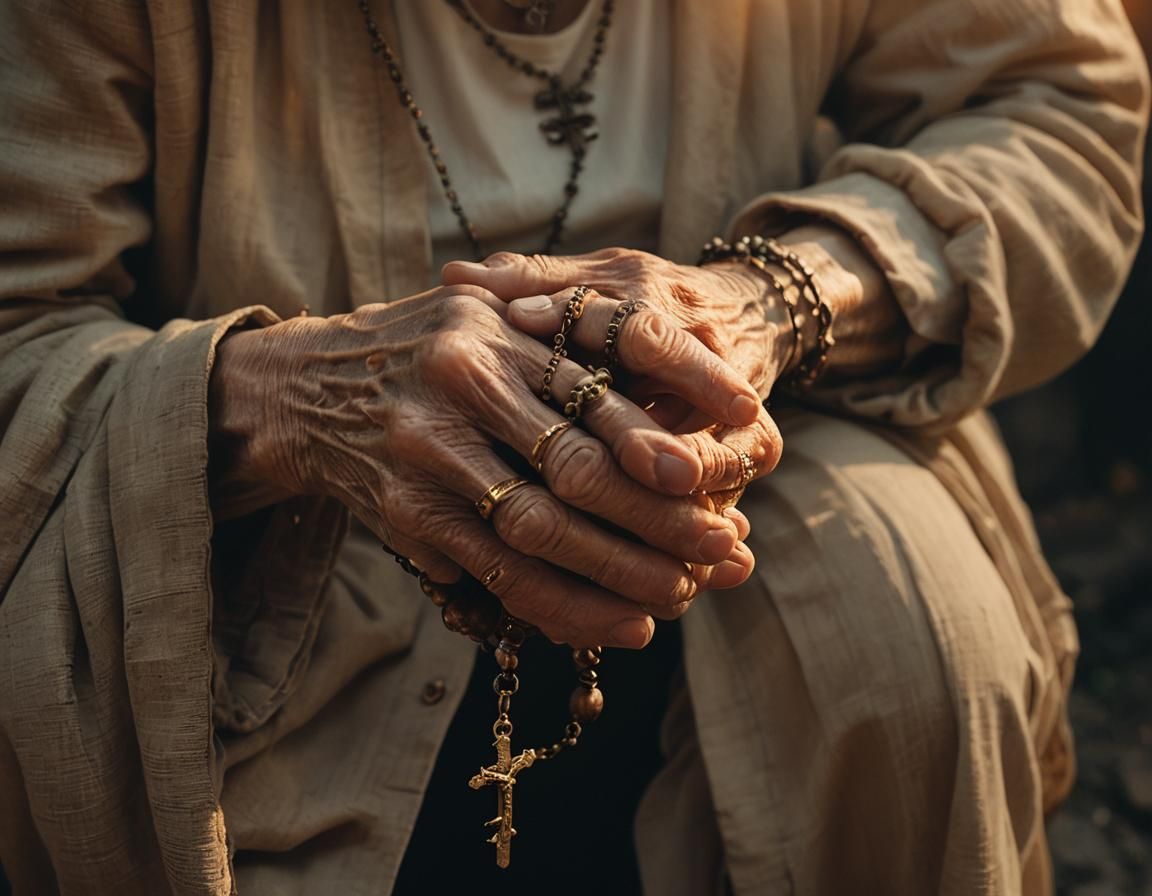 Burning Rosary in Old Woman's Hands: Cinematic Close-Up