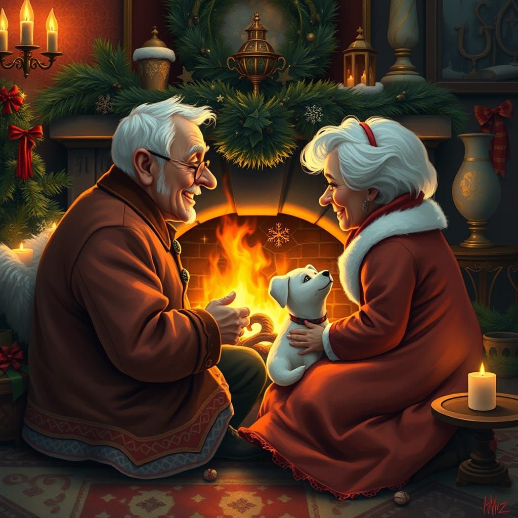 Warm Christmas Scene with Loving Couple and Dog by the Fire
