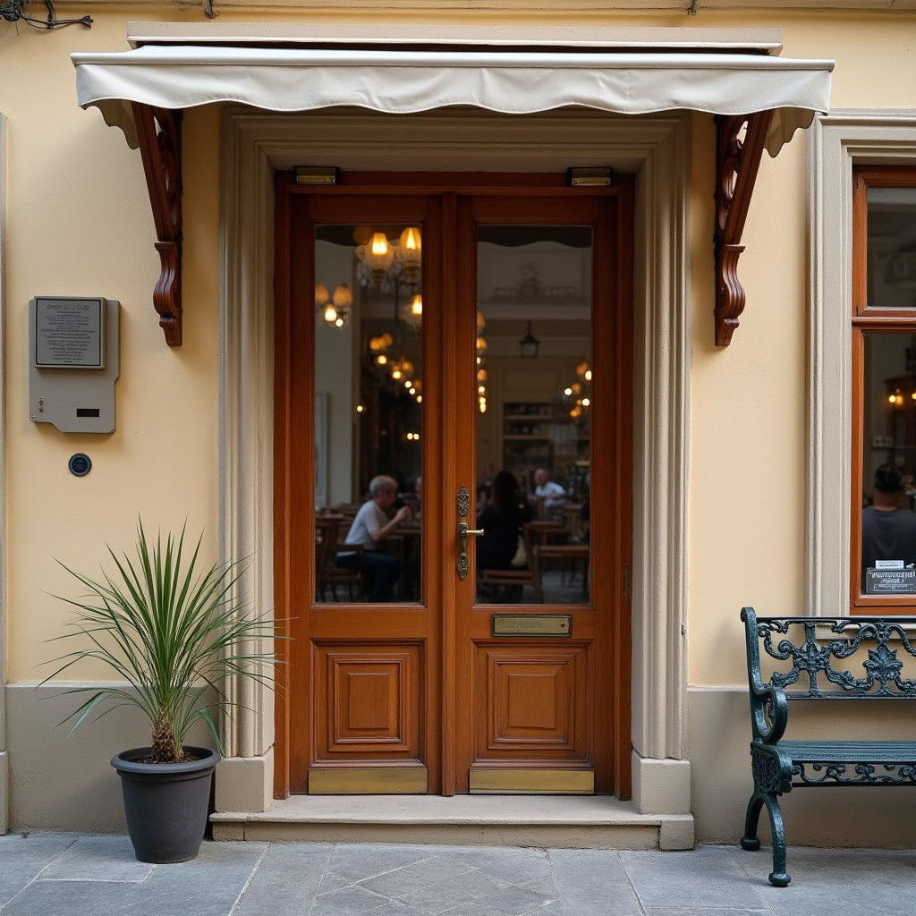 Inviting Cafe Entrance with Wooden Door in Soft Light
