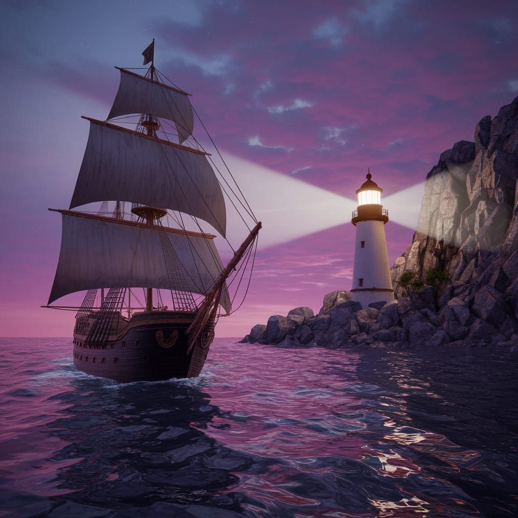 Gothic Sailing Ship Approaches Mystical Coastline