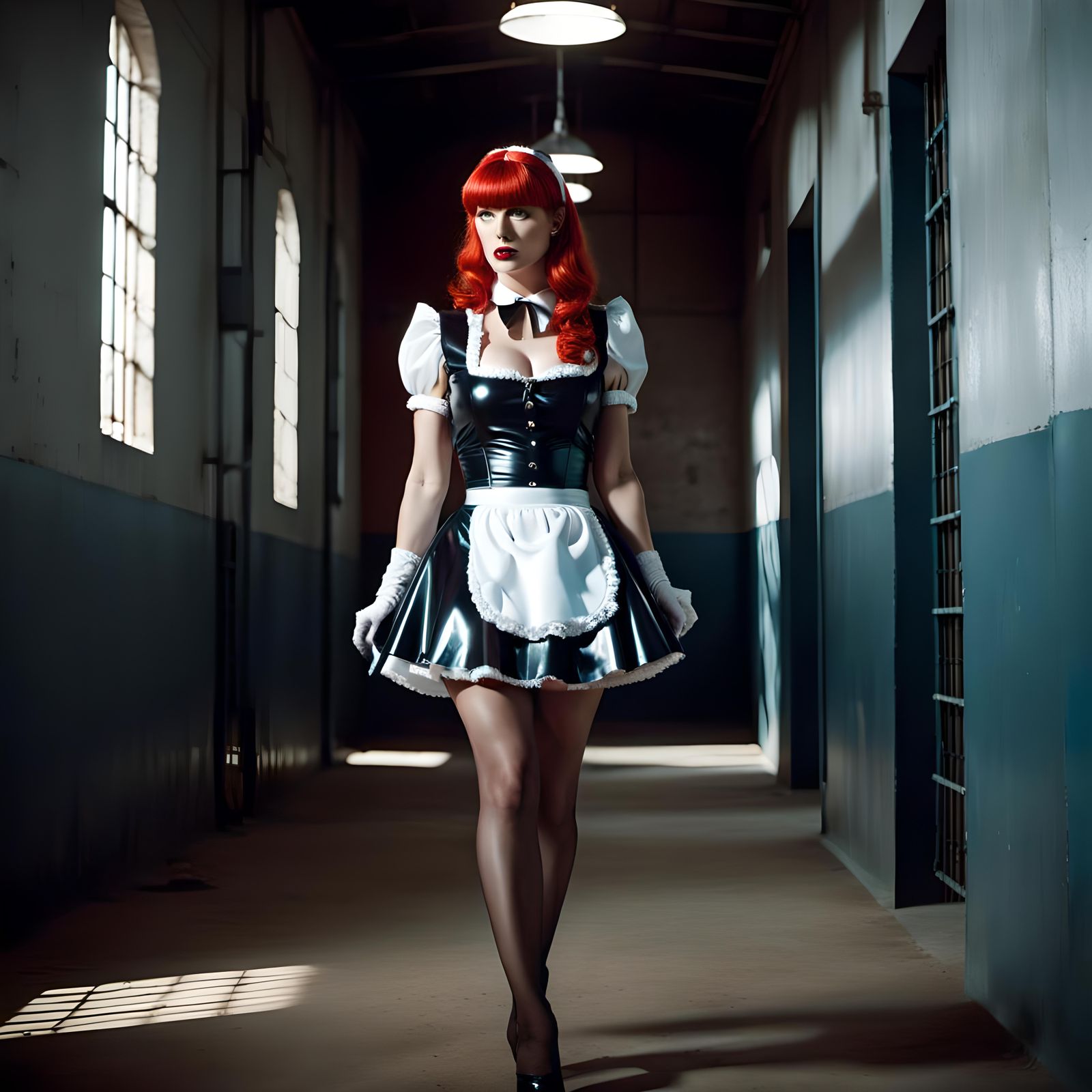 French Maid in Latex Walks Through Prison