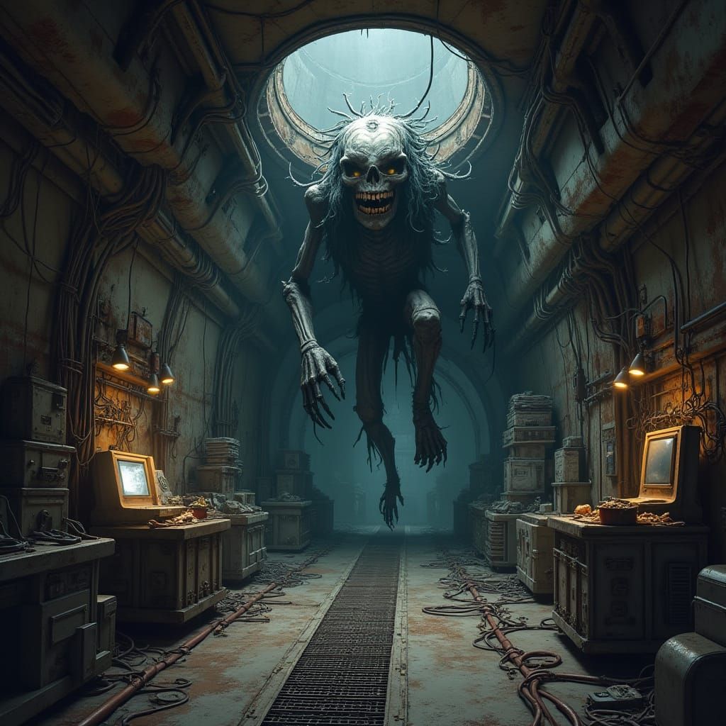 Ominous Industrial Tunnel with Menacing Figure