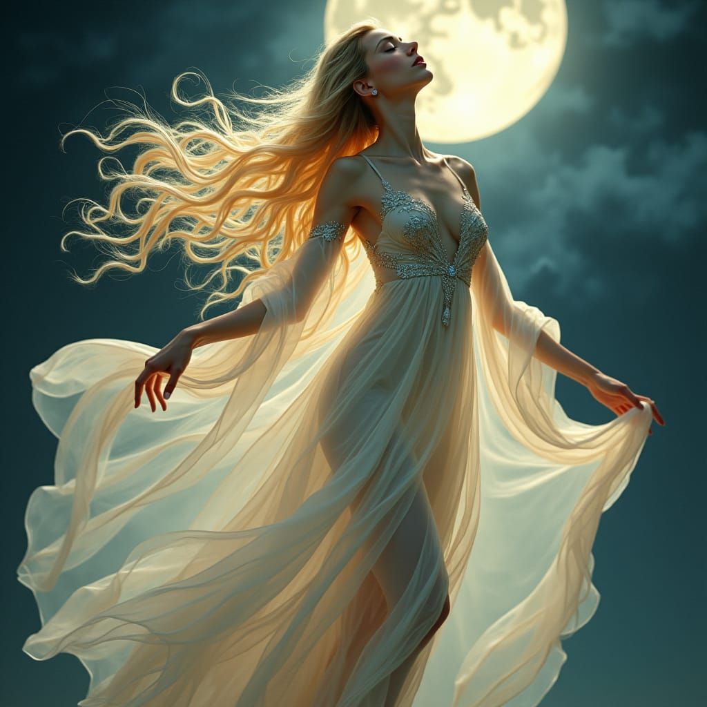 Elven Woman Dancing in Moonlight, Pre-Raphaelite Style