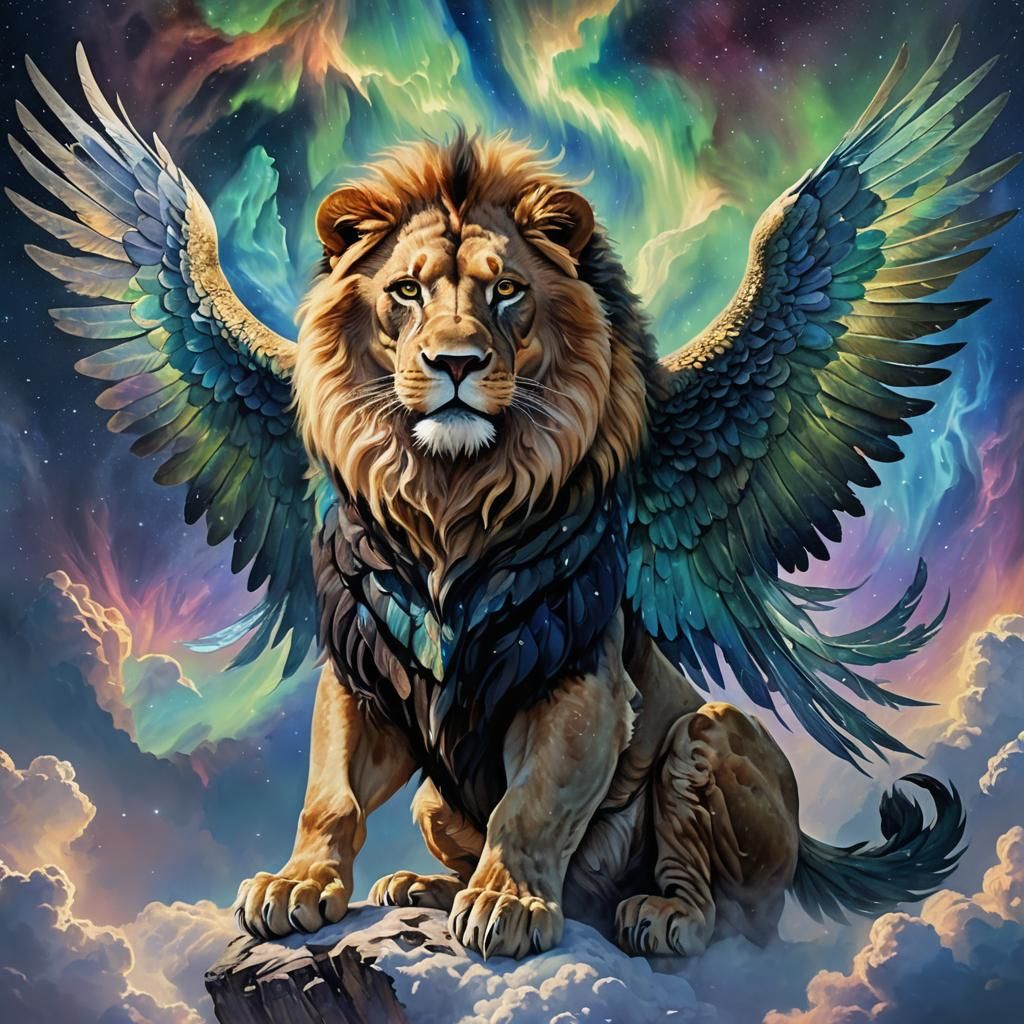 Winged Lion in Nebula Sky, Iridescent Fantasy Art