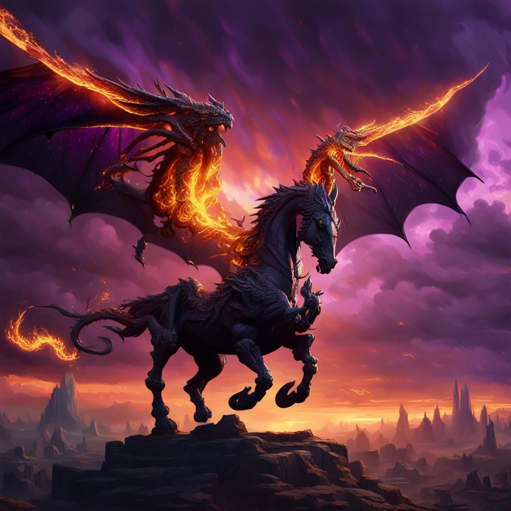 Winged Fire Horse in Dark Fantasy Landscape
