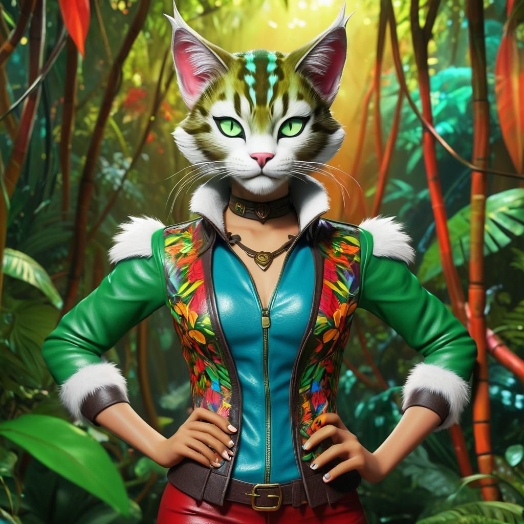 Fantasy Werecat Rouge in Lush Jungle, Digital Art