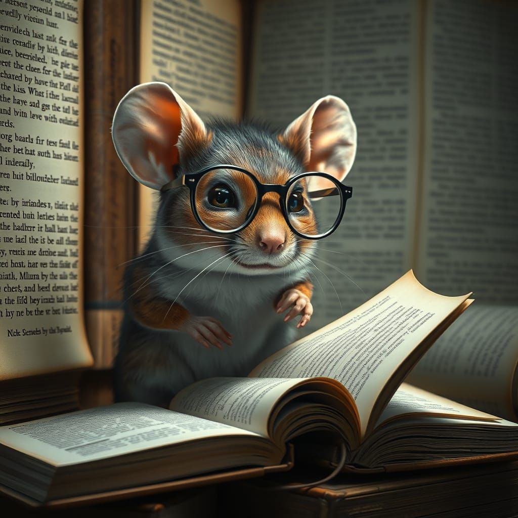 Studious Mouse Reads Book with Oversized Glasses