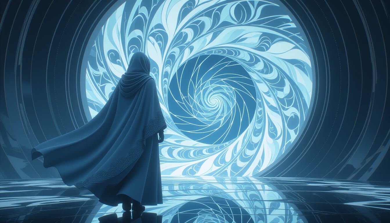 Figure Stepping into Infinity in Ethereal 3D Style