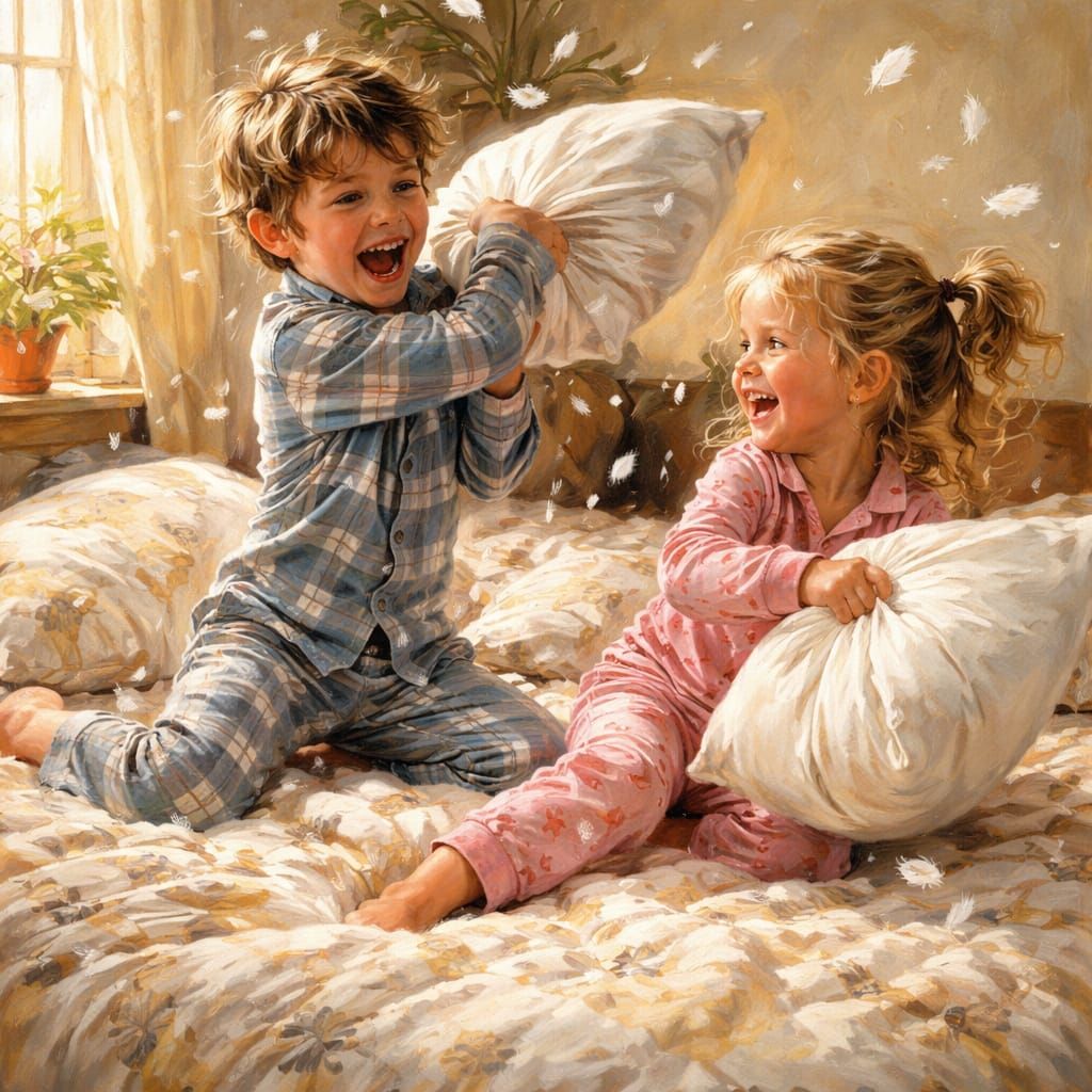 Joyful Pillow Fight Between Siblings in Vibrant Oil Painting...