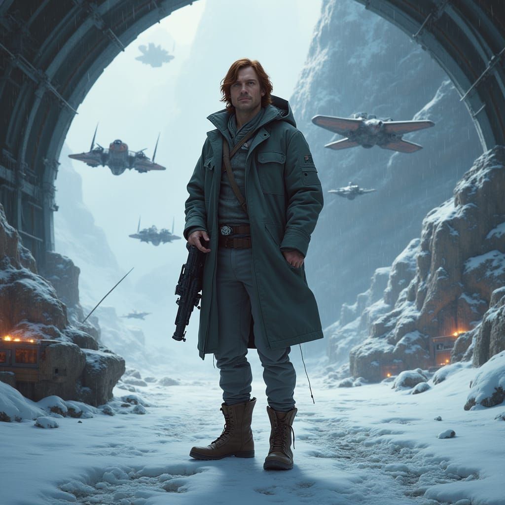 Hyperrealistic Man in Ice Cavern Hangar