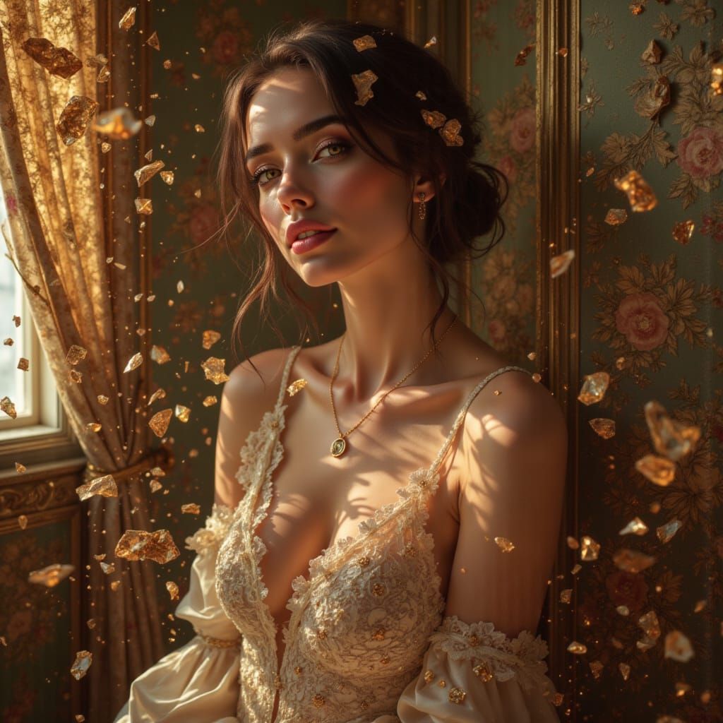 Elegant Woman in Ornate Room, Mucha Style