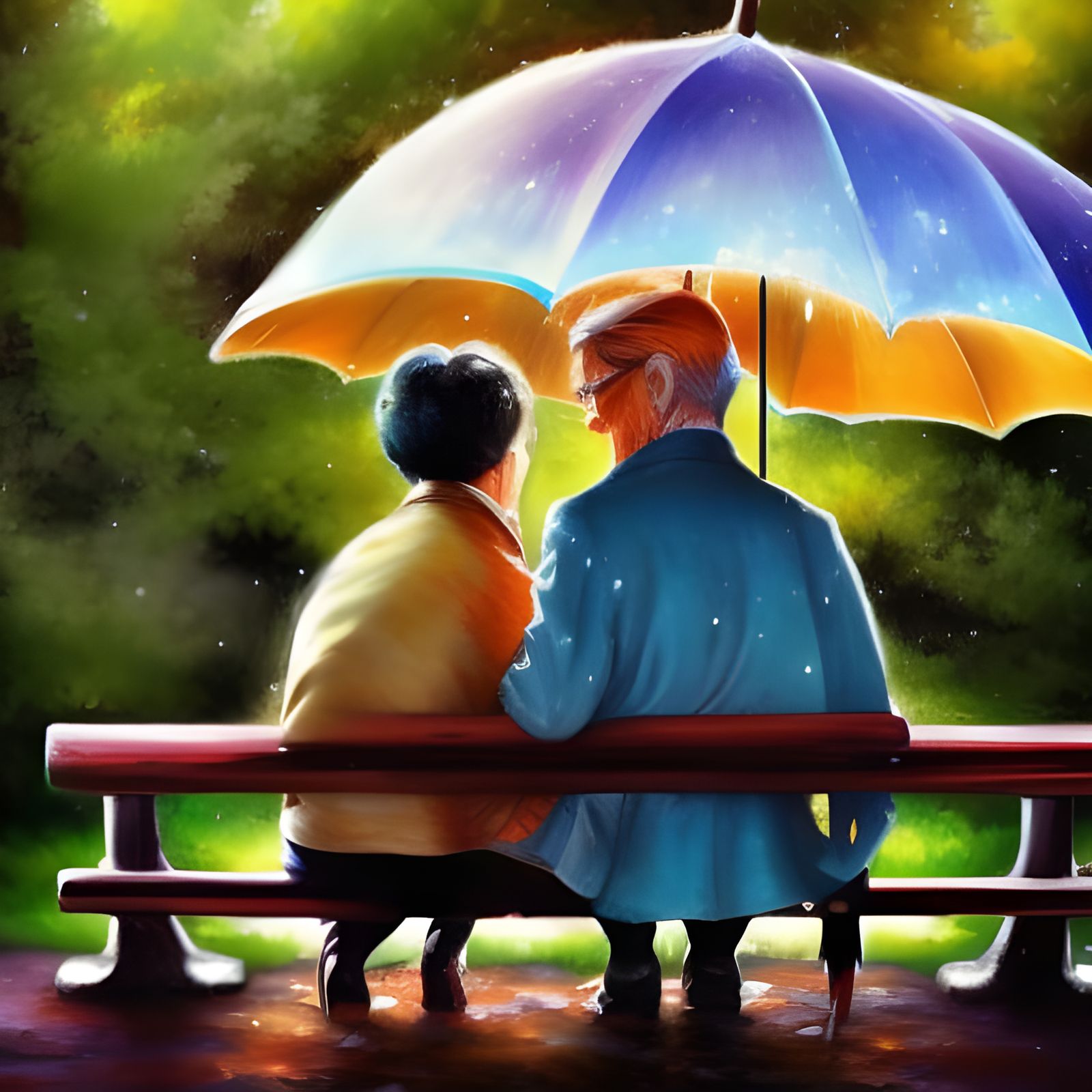 Elderly Couple Under Umbrella: Fantasycore Digital Art
