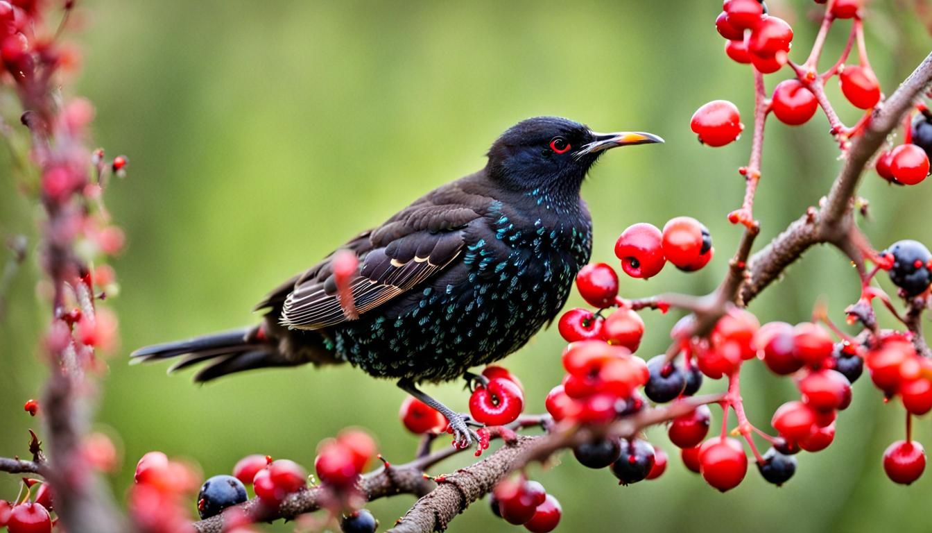 Starling Among Red Berries