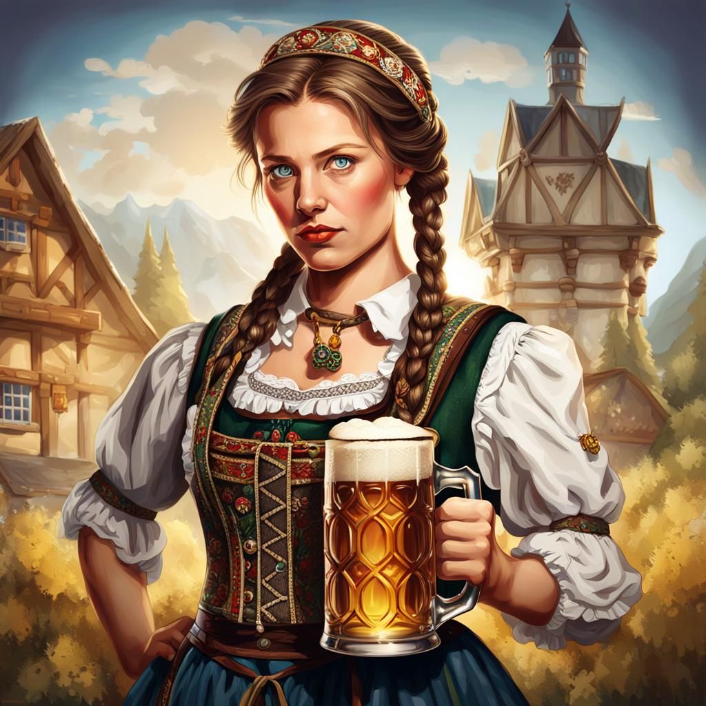Bavarian Woman Serves Beer, Digital Art Portrait