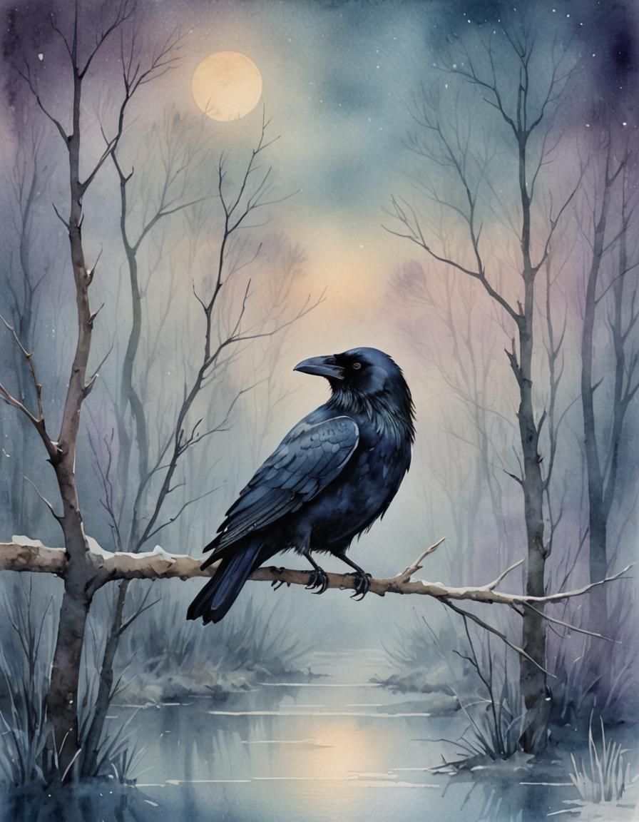 Raven in Winter Swamp: Whimsical Watercolour Painting