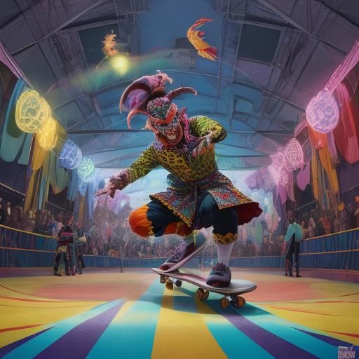 Harlequin Skateboarder in Surreal Deserted Circus