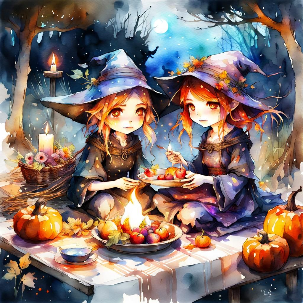 Chibi Witches Picnic in Watercolor Style