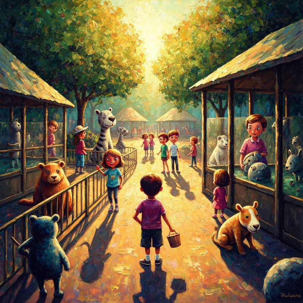 Vibrant Acrylic Zoo Painting with Golden Hour Light