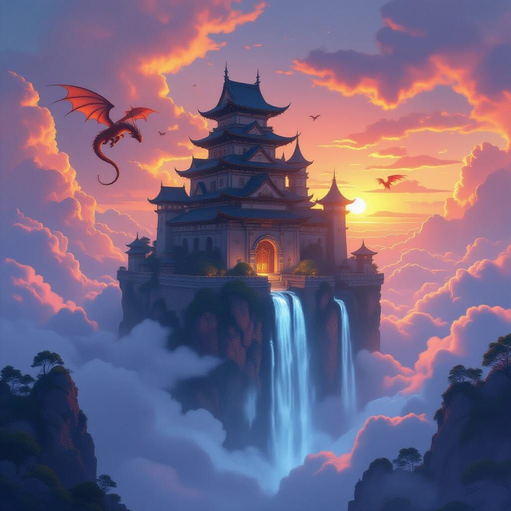 Floating Castle with Dragons in Fantasy Concept Art