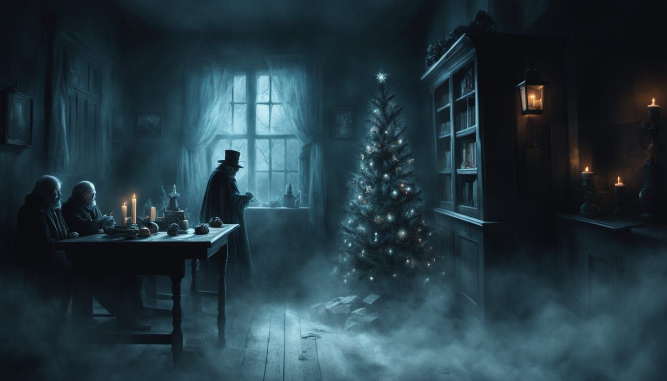 Scrooge Haunted by Christmas Spirits in Painterly Style