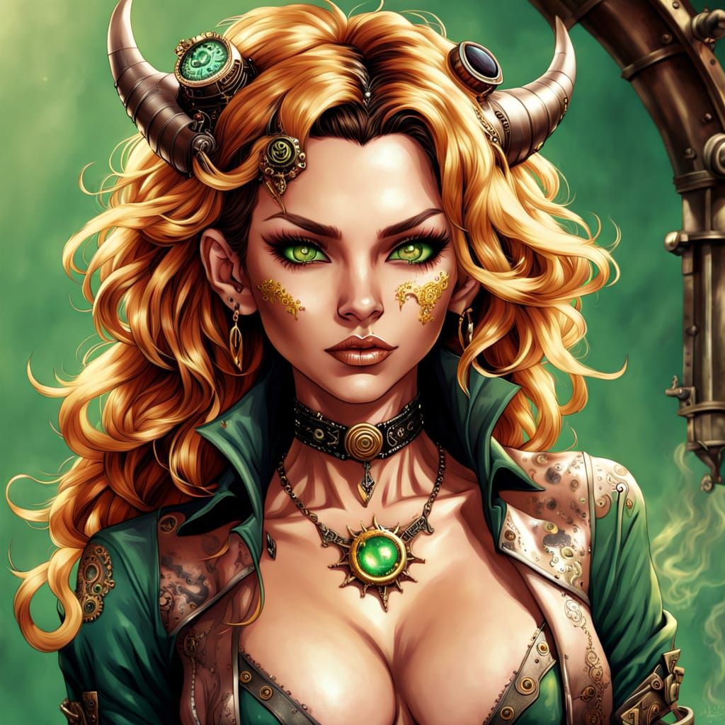 Anime Demoness Portrait with Solarpunk & Steampunk Attire