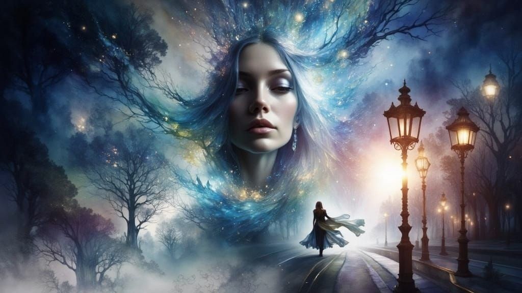 Surreal Night Road Fantasy Landscape with Ethereal Woman