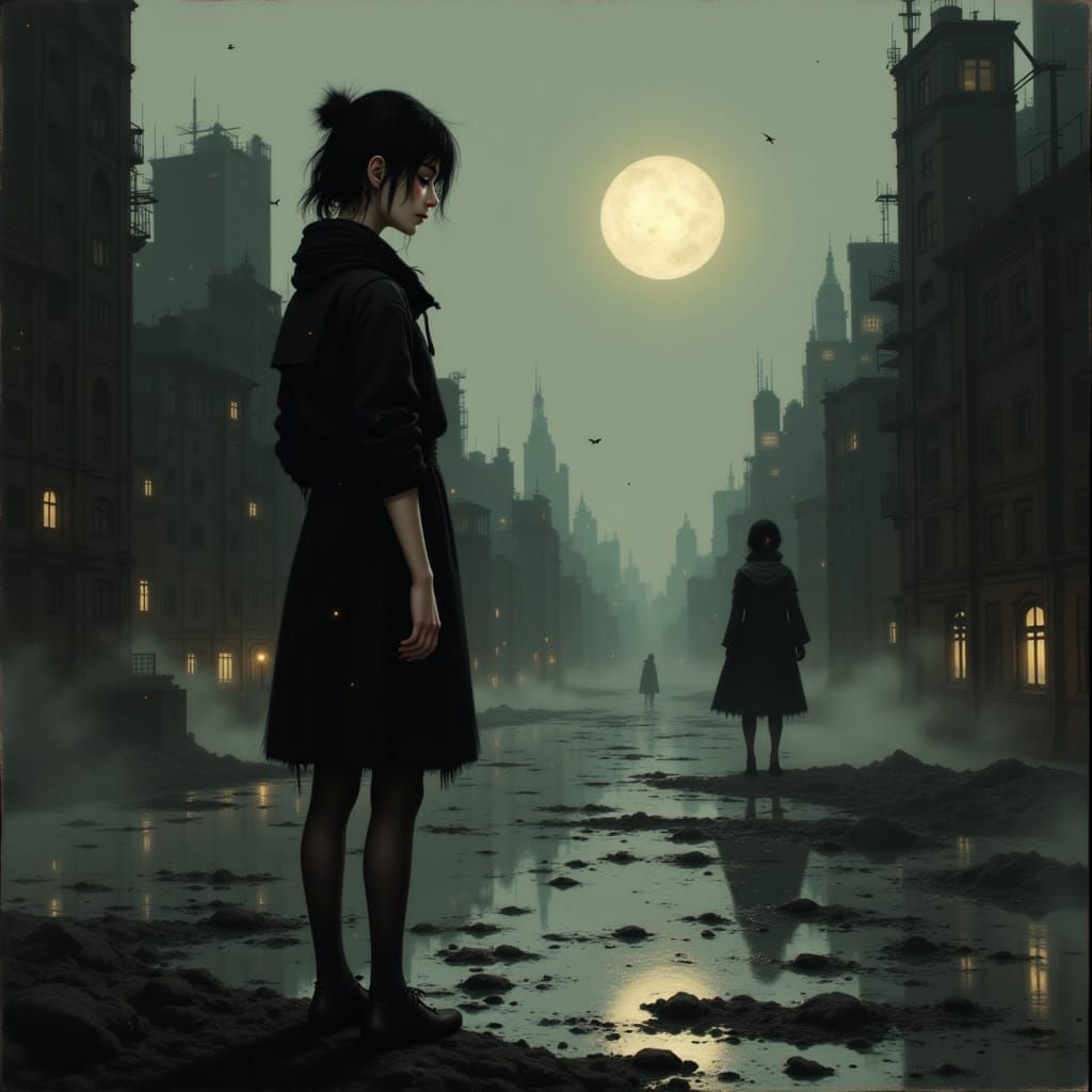 Young Woman Stands Alone in a Desolate Cityscape