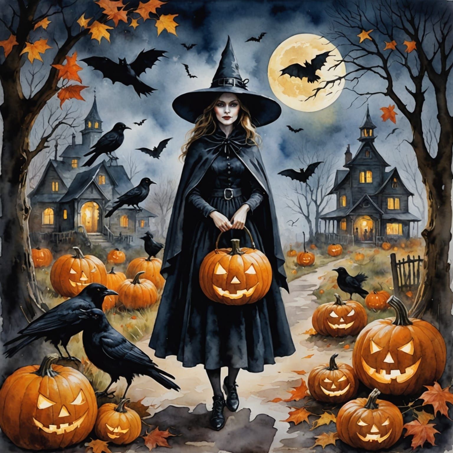 Halloween Night: Witches, Ghosts and Pumpkins in Watercolor