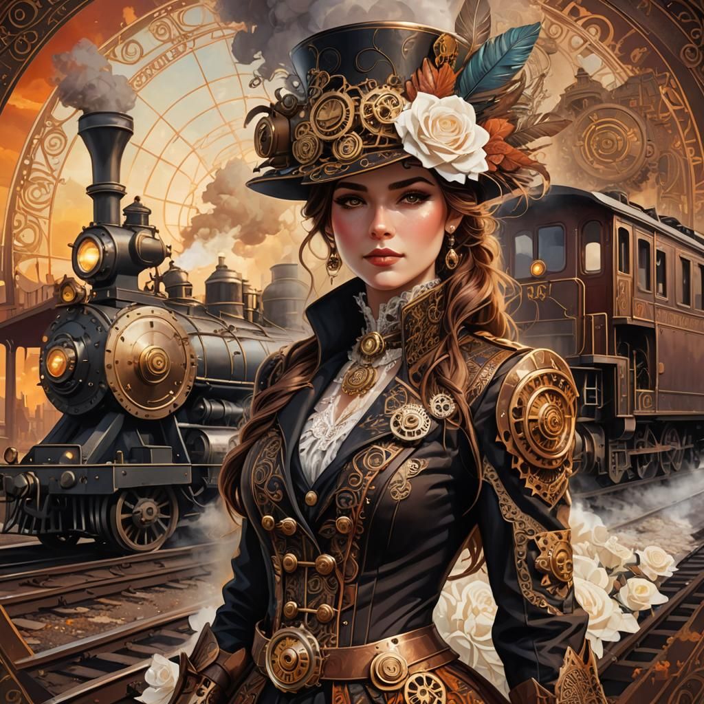 Steampunk Woman with Locomotive: Detailed Digital Illustrati...
