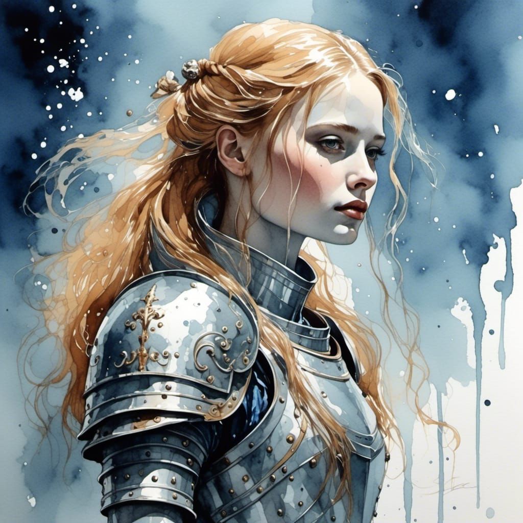 Alice in Celestial Armor: Retro-Wave Watercolour