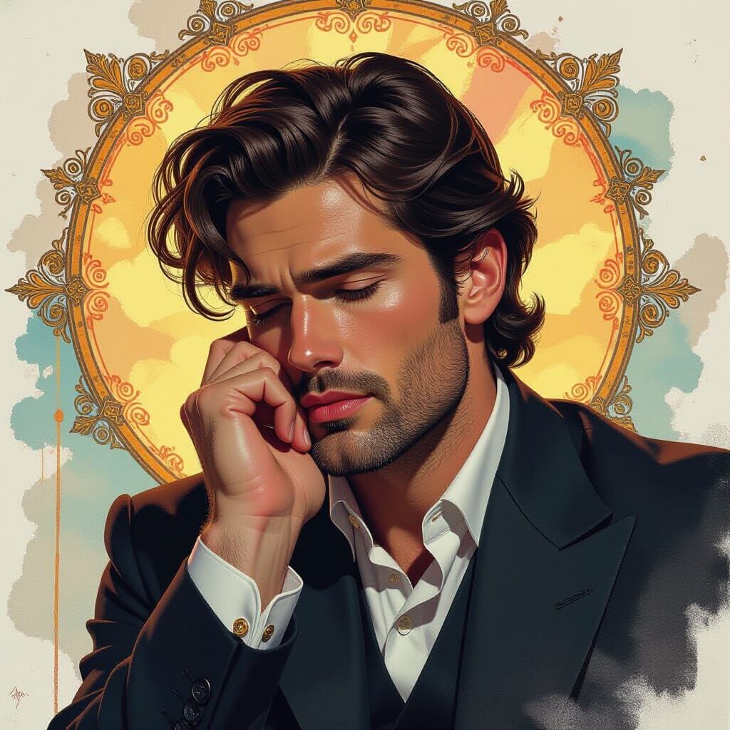 Lovesick Man: Ethereal Charcoal Drawing with Fantasy Element...