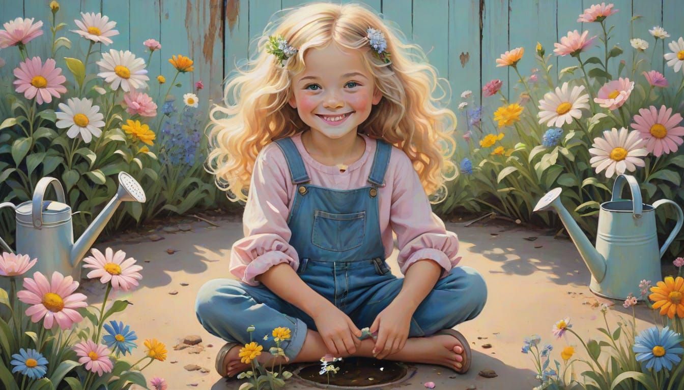Joyful Child Surrounded by Whimsical Chalk Art