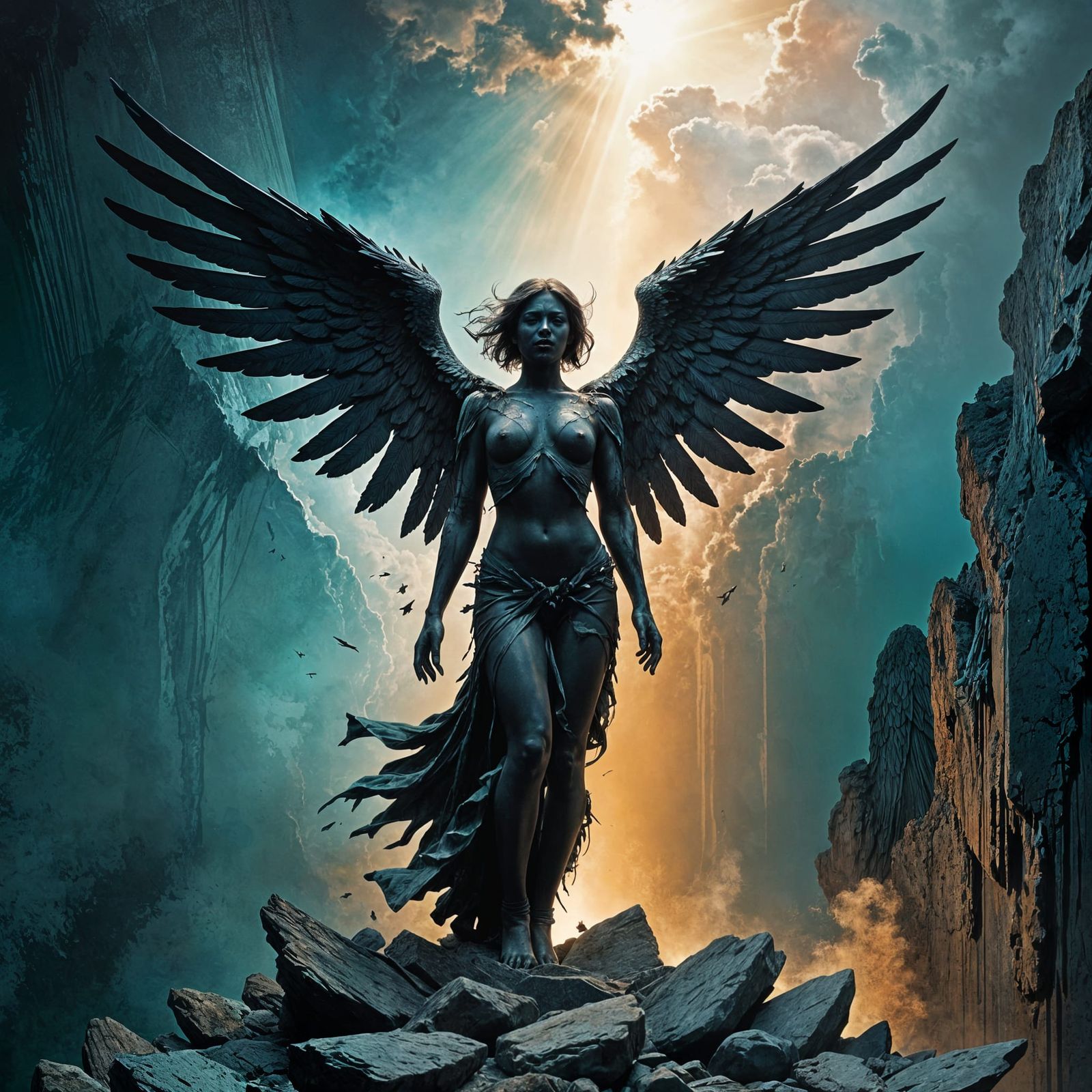 Monochromatic Angel in Despair, Against Teal-Blue Background