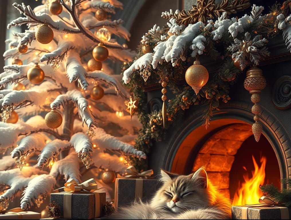 Mystical Winter Wonderland with a Sleeping Kitty