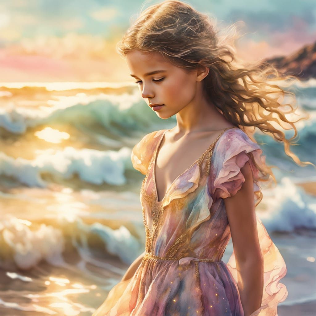 Girl at Shoreline in Dreamy Watercolor Style