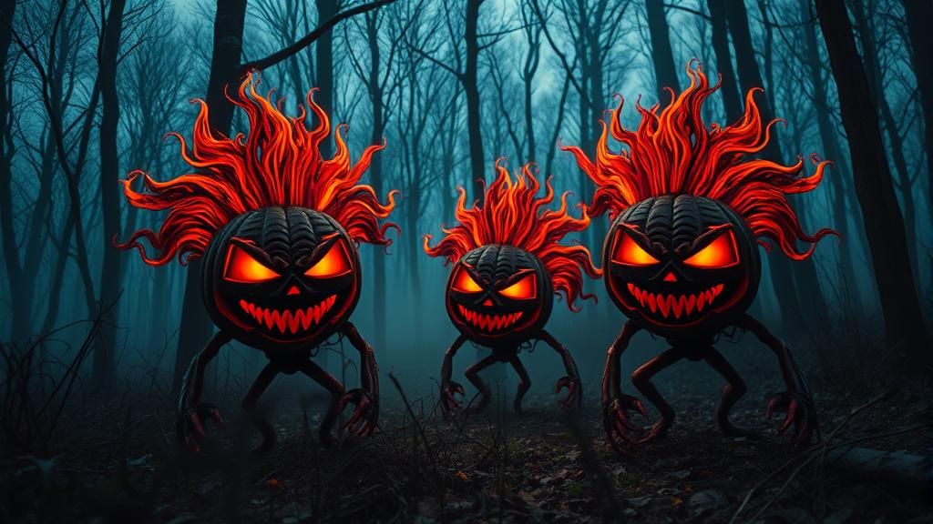 Eerie Jack-o'-Lanterns in a Dark Fantasy Forest