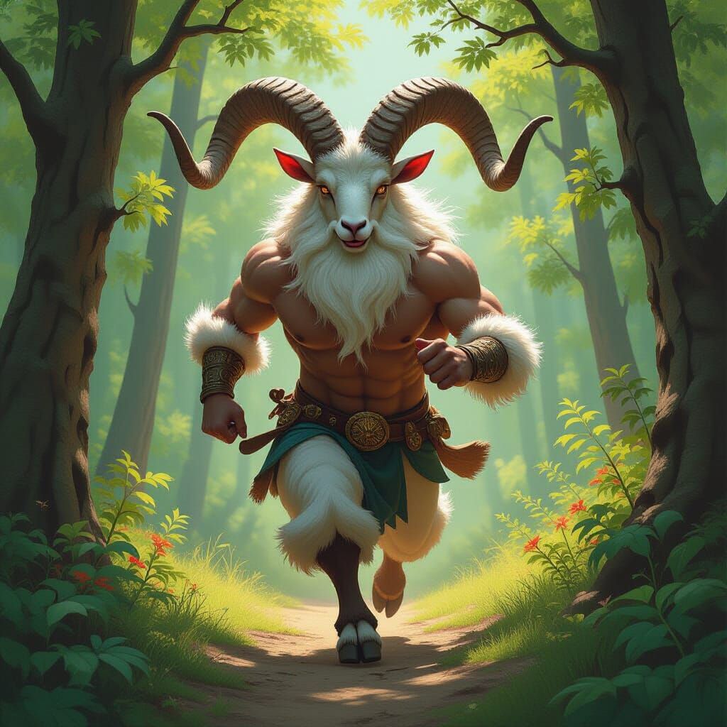 Majestic Lord Pan Runs Through Lush Forest