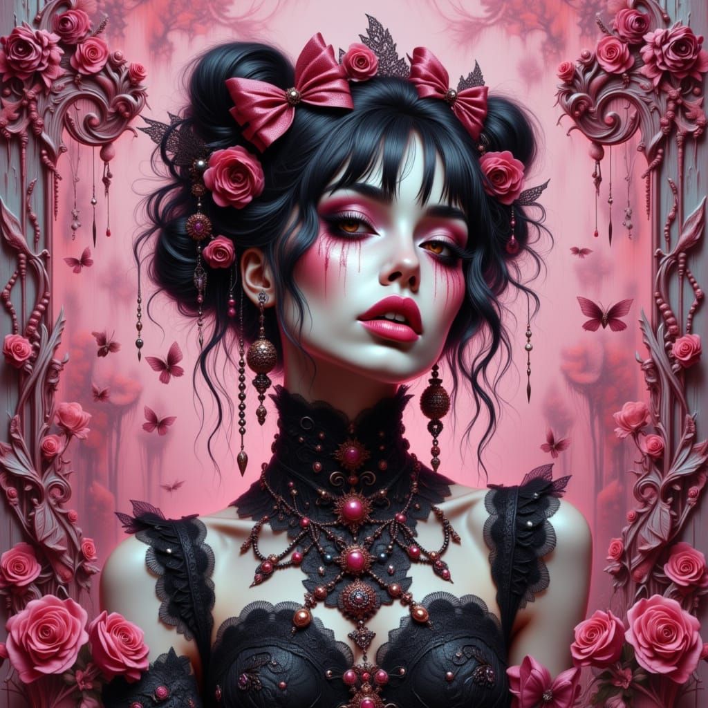 Pop Surrealism Painting of Woman in Pastel Goth Style