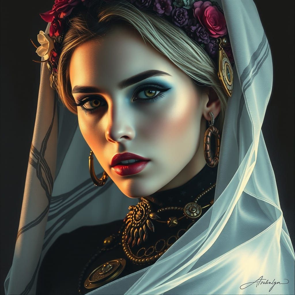 Hyperrealistic Charcoal Portrait of a Woman in a Futuristic,...