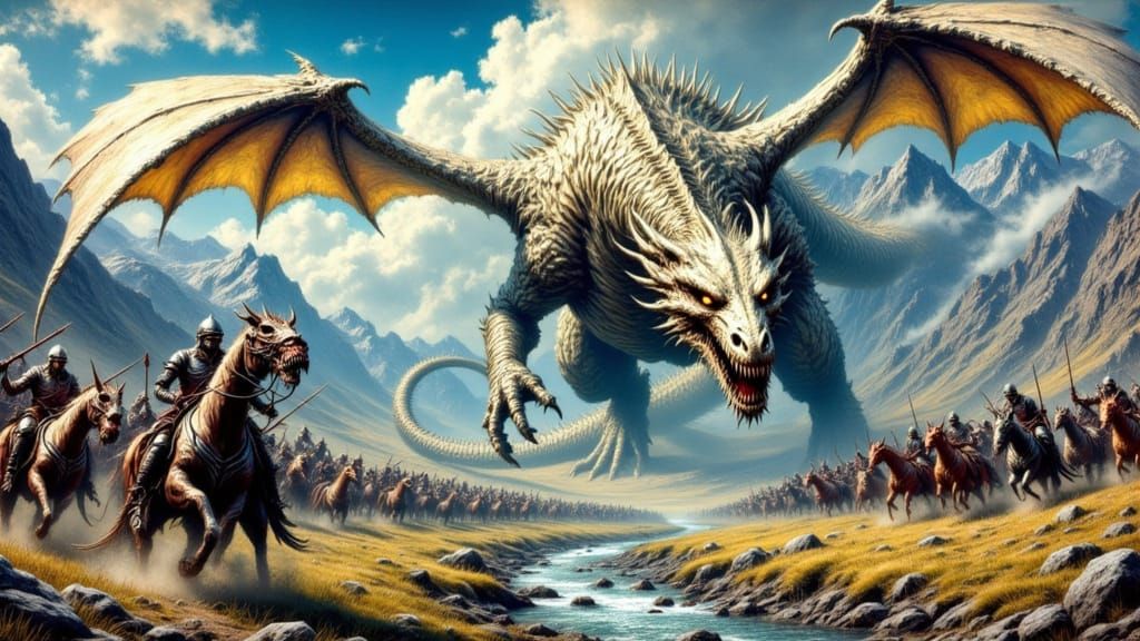 Colossal Bone Dragon Attacks Knights Near Castle