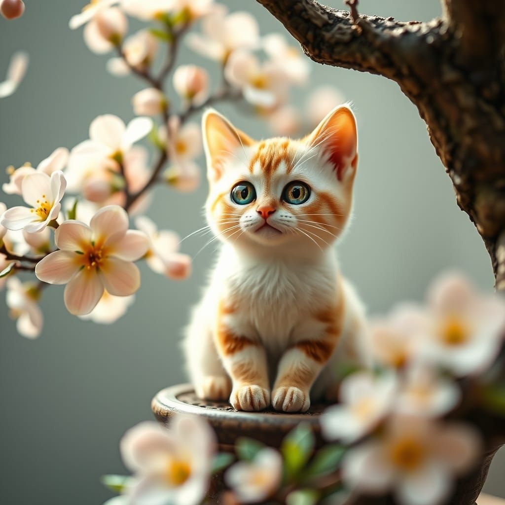 Adorable Japanese Luck Cat Sitting on a Blooming Bonsai
