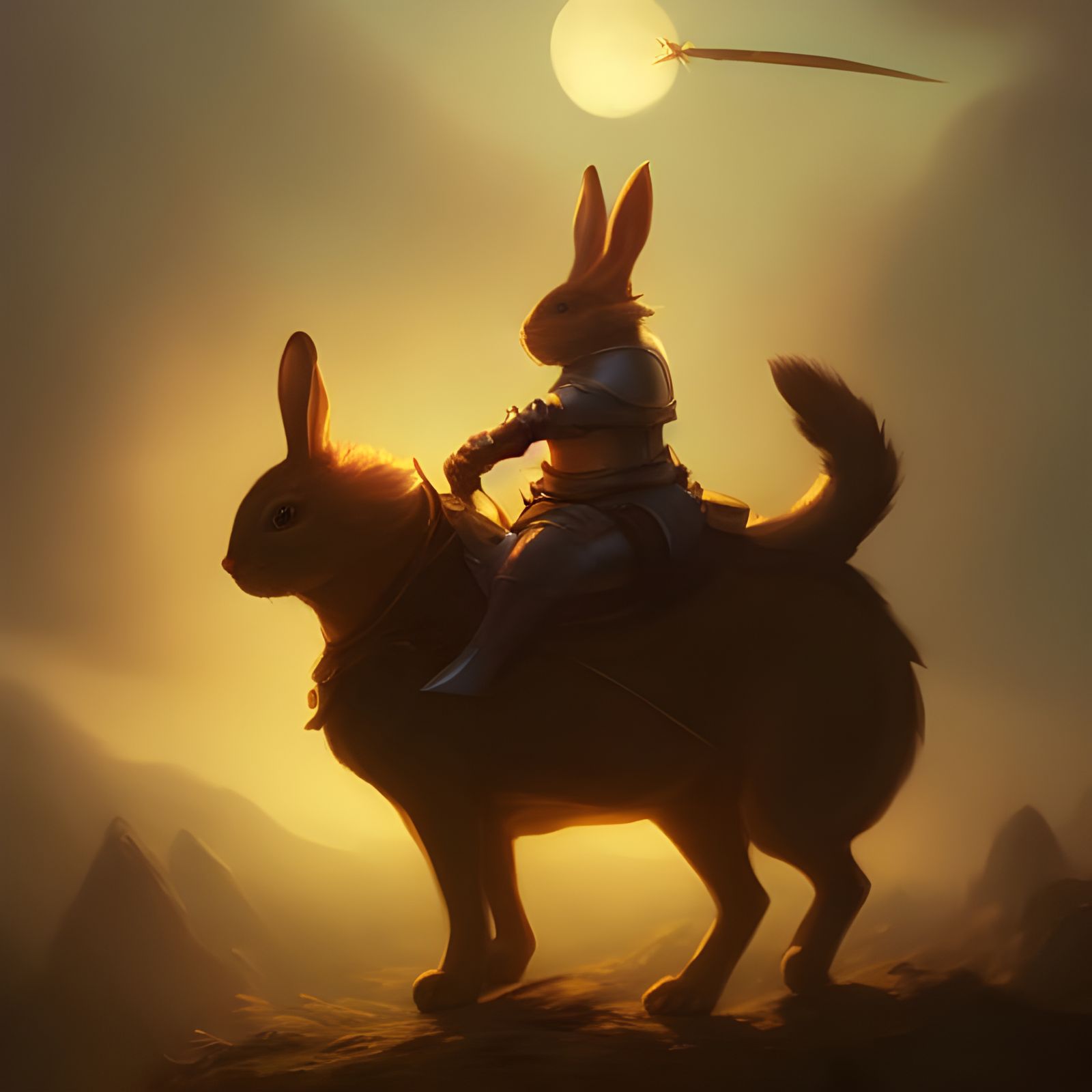 Noble Knight Bunny Riding Cat Mount in Fantasy Style