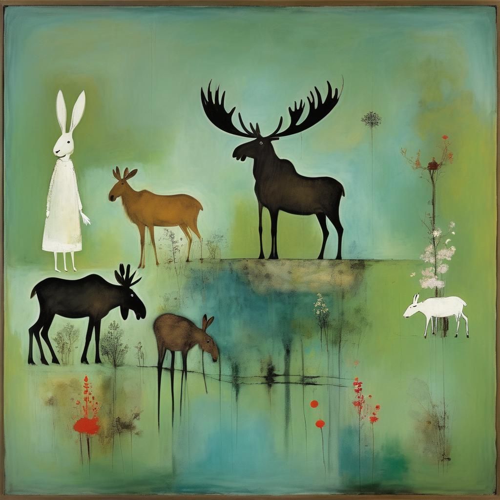 Whimsical Scene with Moose, Rabbit, and Man in Abstract Styl...