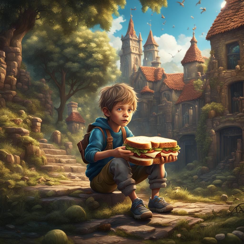 Cute Poor Boy Eating Sandwich: Detailed Matte Painting