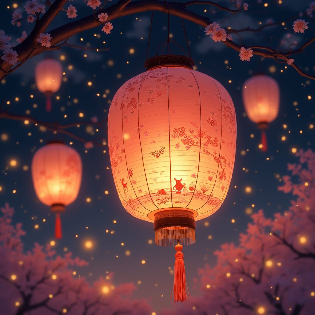 Whimsical Studio Ghibli Lantern in Mid-Air
