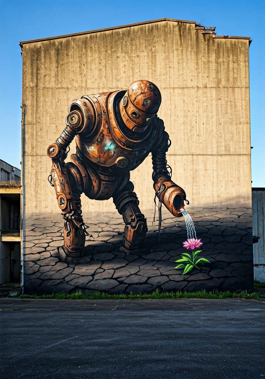 Robot Street Art Mural: Compassion in Decay